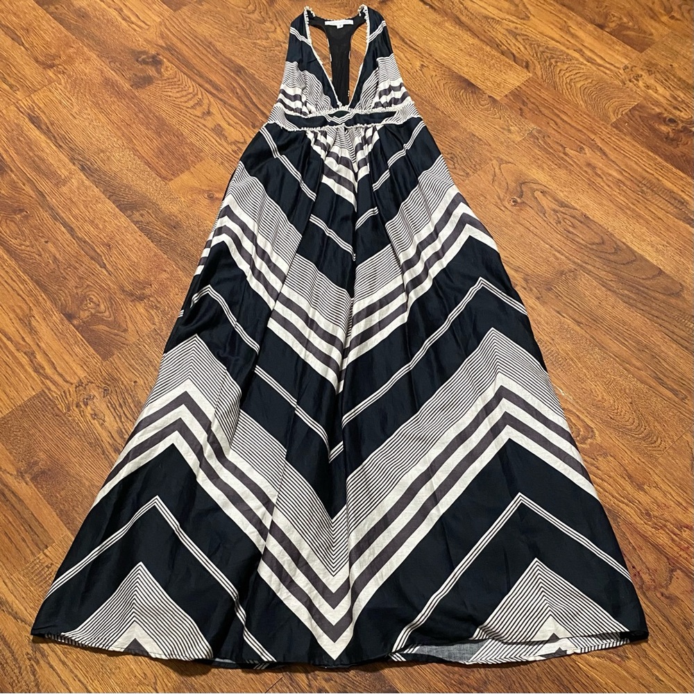 Corey Lynn Calter Chevron Dress Sz2 Black Tan Striped Geometric Boho Chic Retro